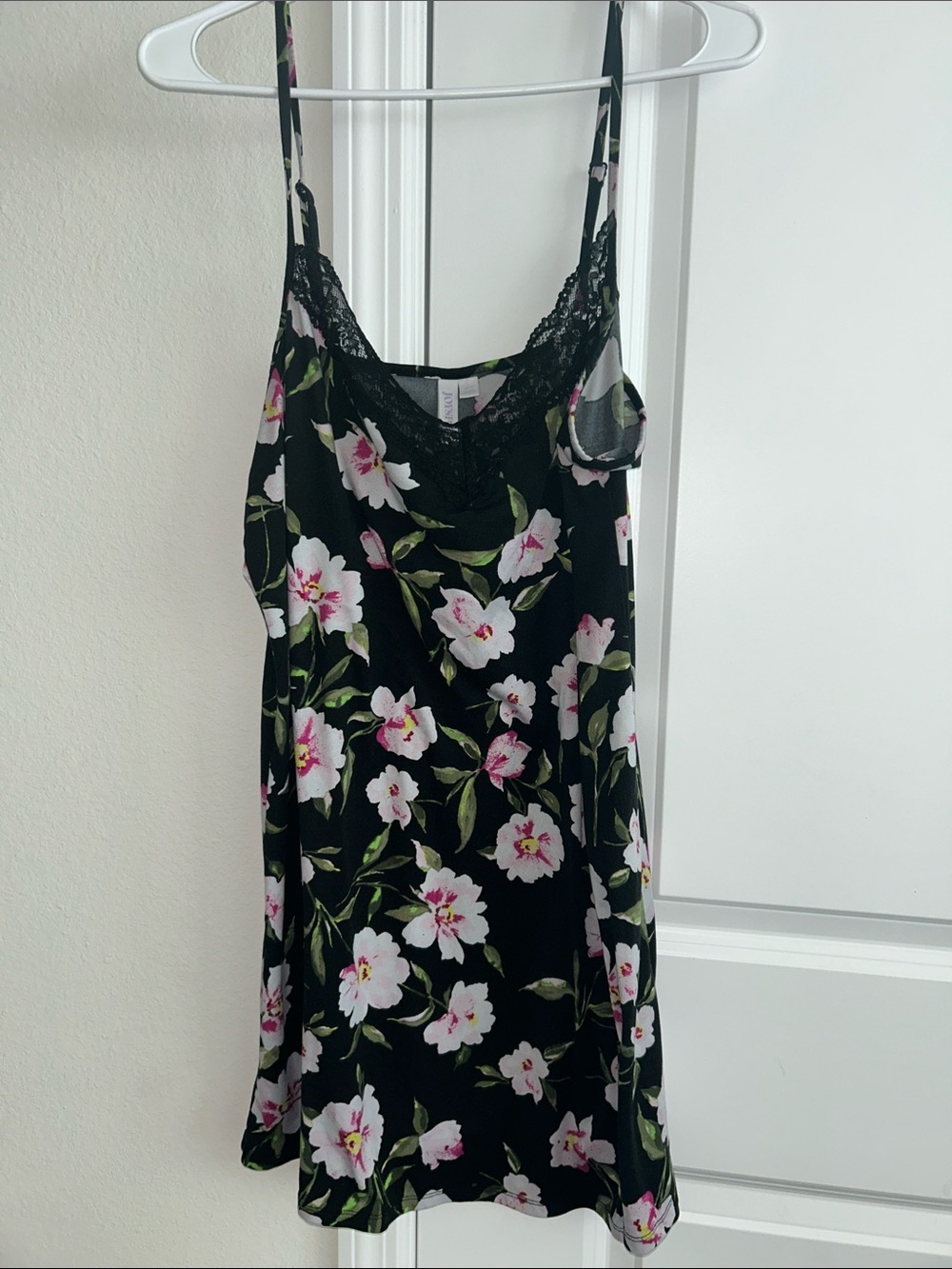Floral Lace-Trim Slip Dress - Black with Pink & Green Floral